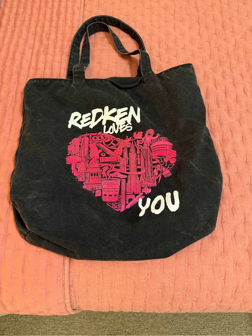 Redken Black denim Tote Bag with Pink Heart Graphic